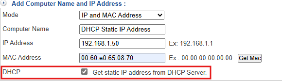 IP Address > DHCP Static IP Address Setting Window