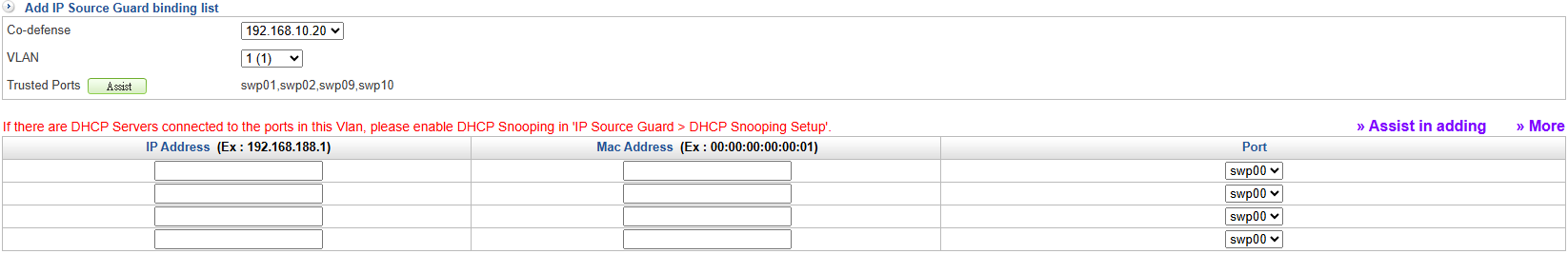 Adding an IP Source Guard IP+MAC+Port Binding