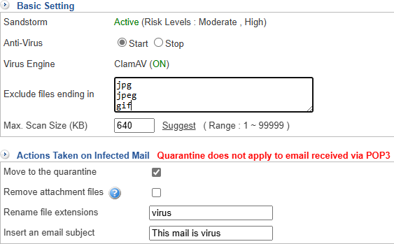 Setting for handling infected emails