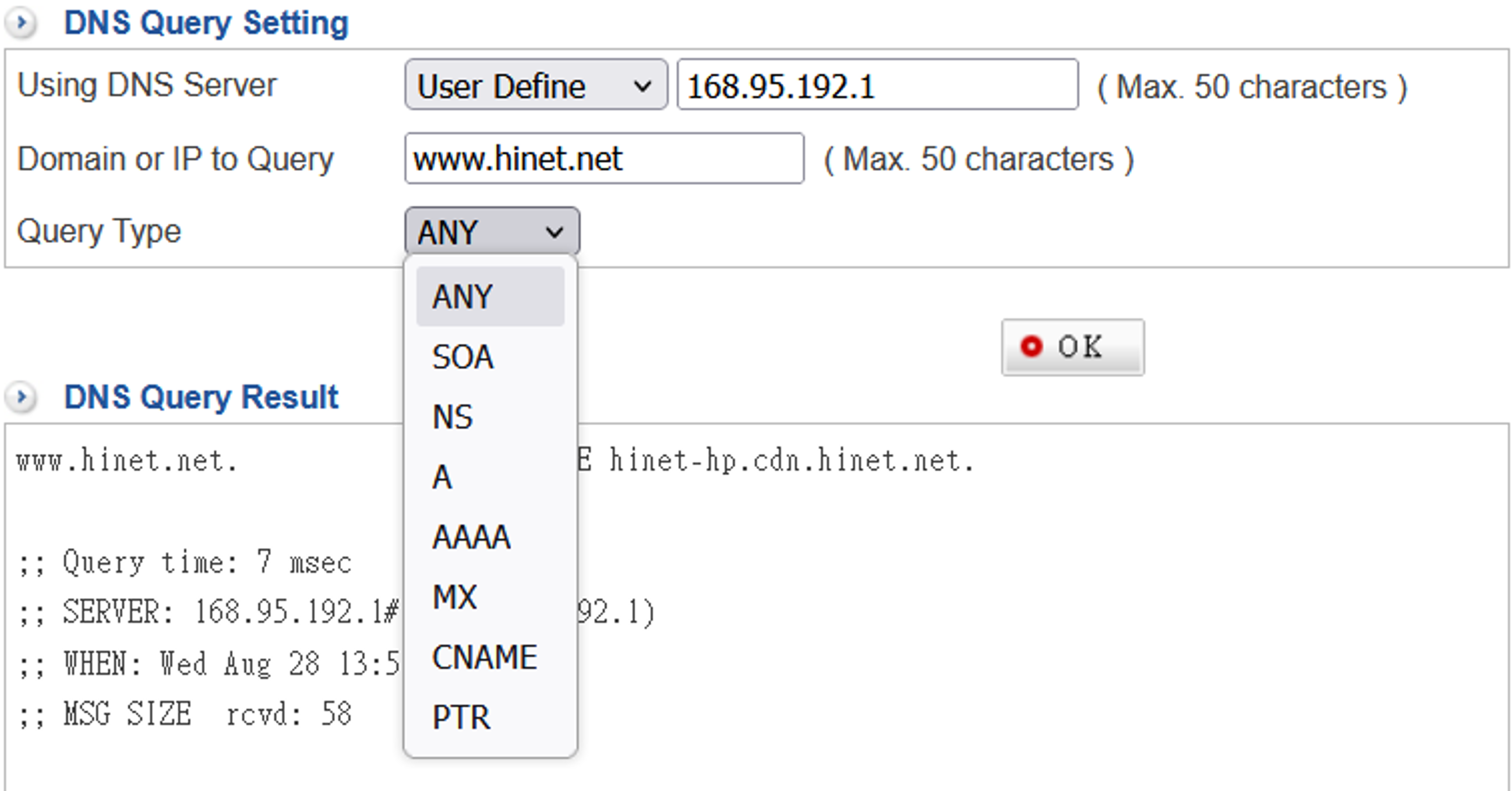 DNS testing tool and output information