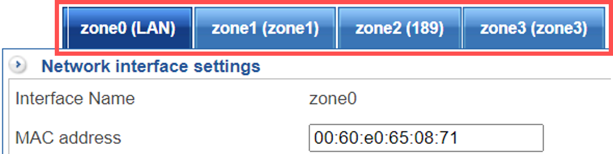 Tab Area List in Network Interfaces